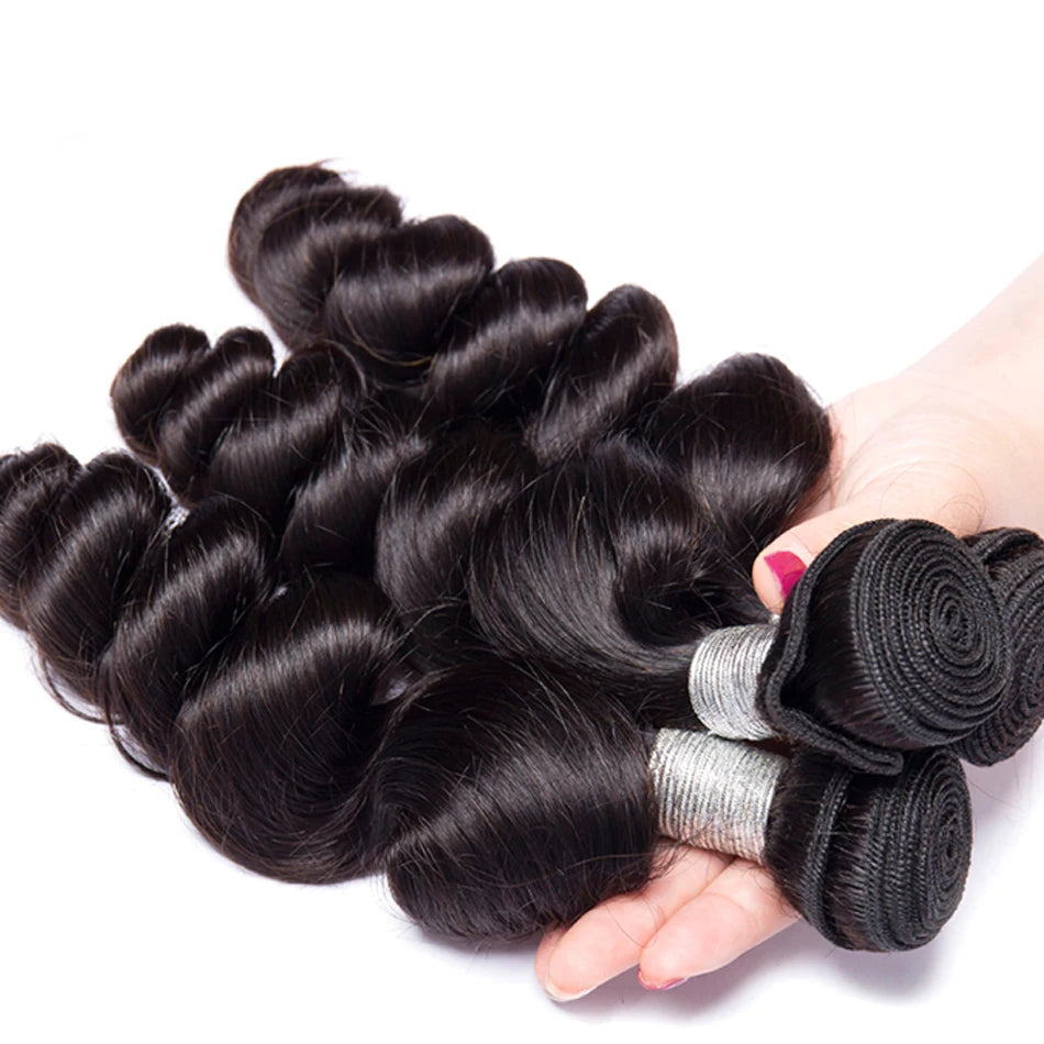 Malaysian Raw Virgin Hair Unprocessed Tissage Human Bundles HD Frontal Loose Wave Bundles With 4X4 Closure Natural Black Deep