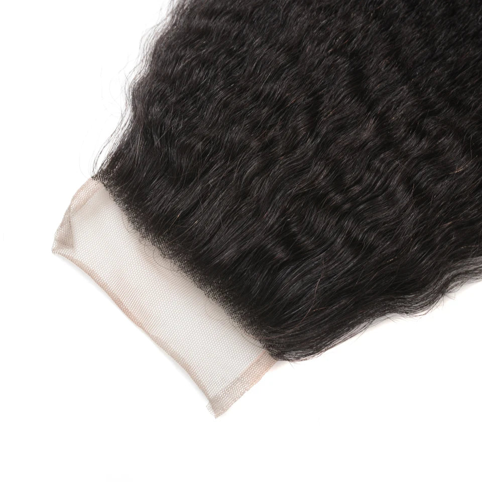 Kinky Straight Bundles With Closure Free Part Brazilian Coarse Yaki Human Hair Weave Bundles With HD Transparent Lace Frontal