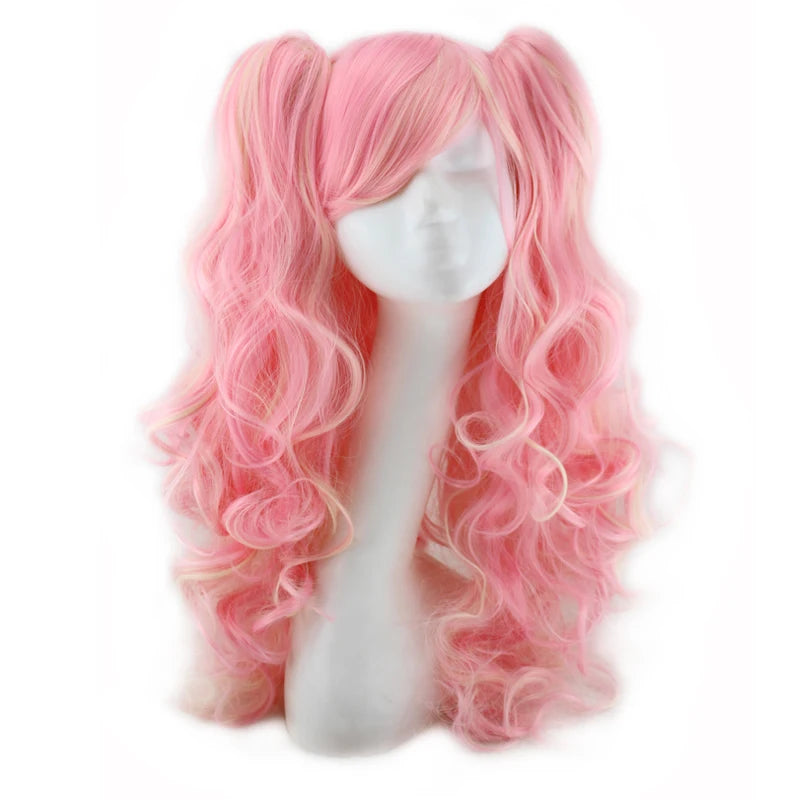 Synthetic Hair Wigs Cosplay Wig With Bangs Wavy Costume Wigs For Women Long Two Claw Clip Ponytail Wig Pink Red Blue Black White