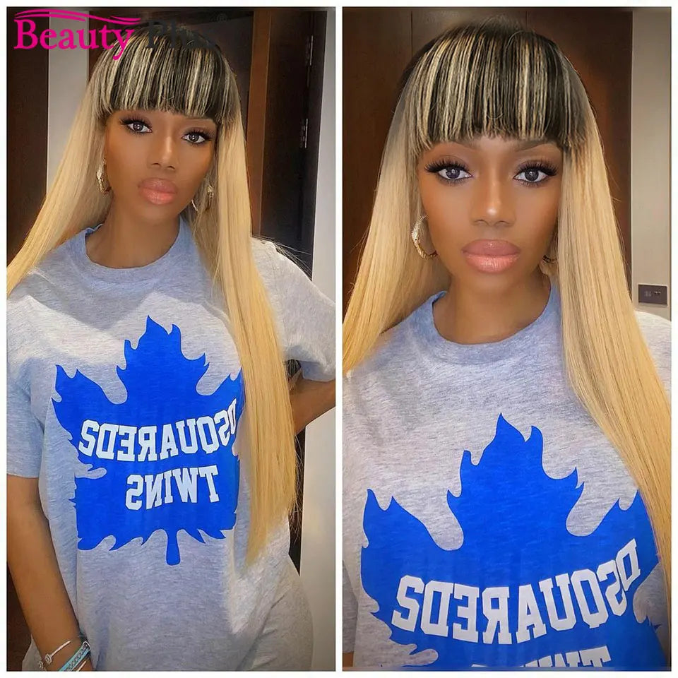 Raw Indian 100% Human Hair Wig With Bangs 32 34 Inch Full Machine Made Wigs With Bangs Long Hair Remy Hair Black Wig With Bangs