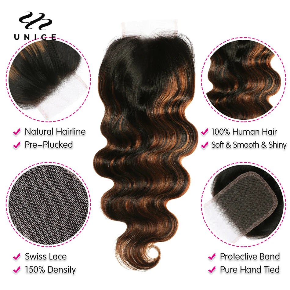 UNICE Brazilian Hair Bundles with Closure Body Wave 3 Bundles with Closure HoneyBlonde Highlight Human Hair Closure and Blundles