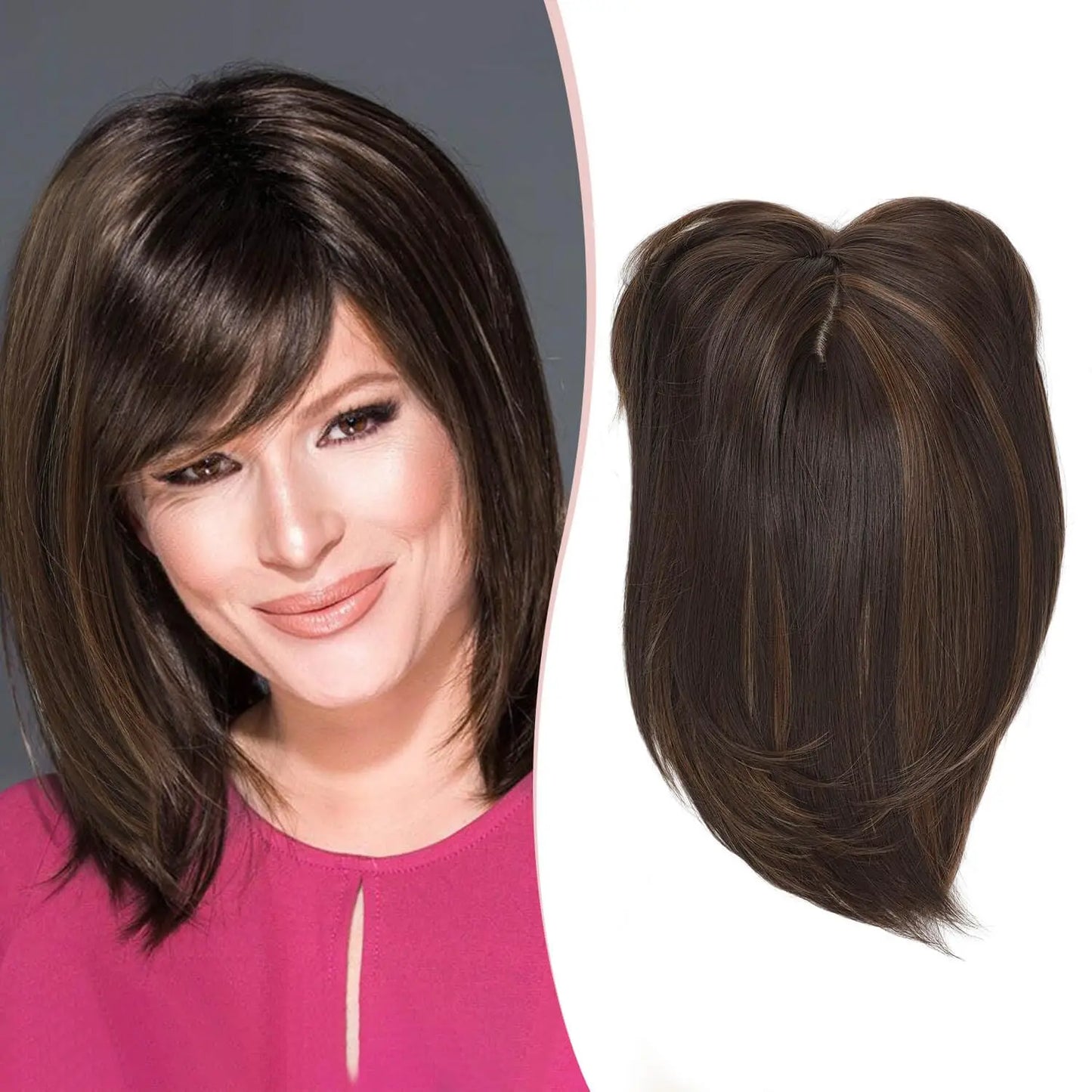 12 inches three clip synthetic wig top hair piece with bangs hair piece, brown bangs wig