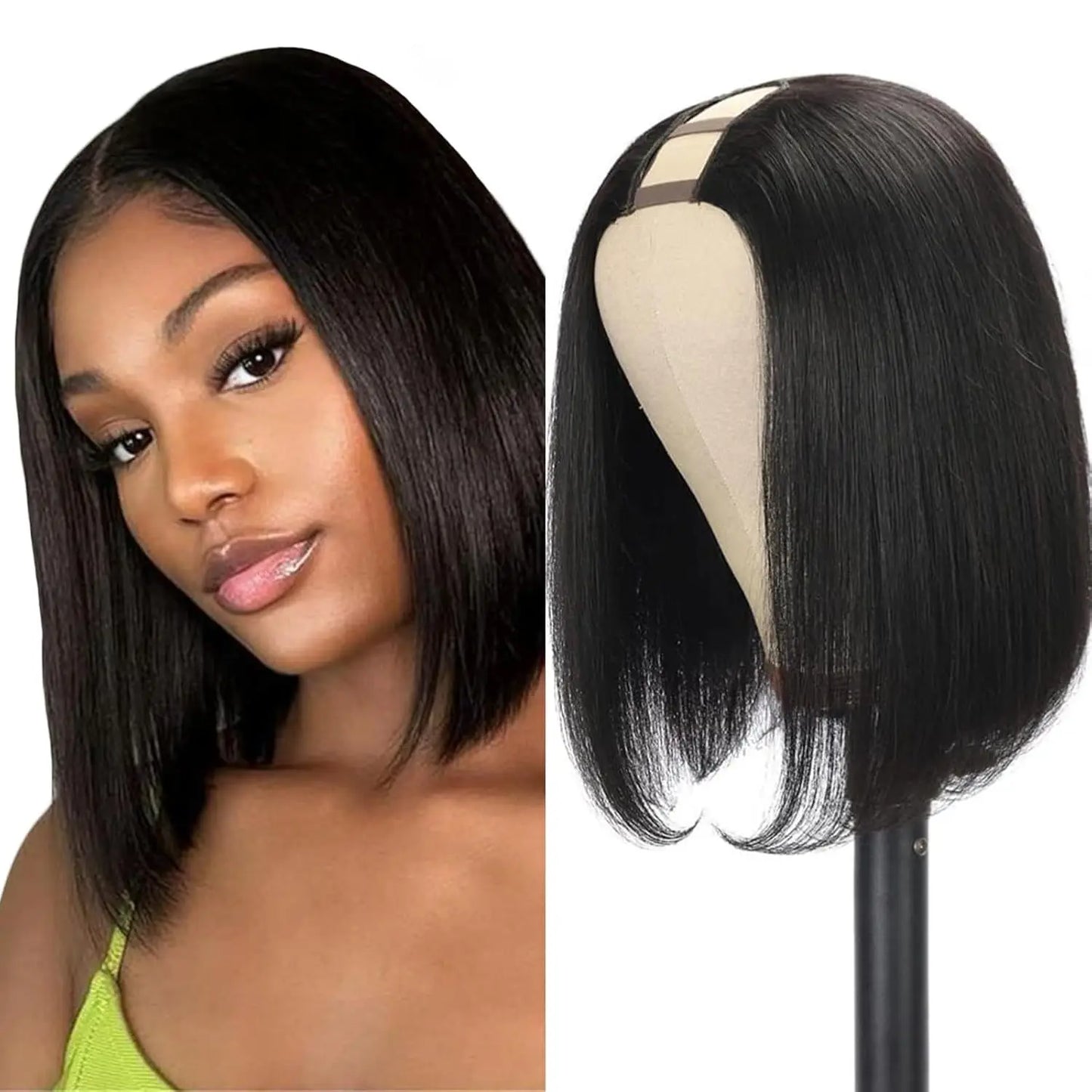 U-Part Straight Bob Wig 180% Brazilian Human Hair Natural Color ShortHigh Quality Length Full Coverage for Women