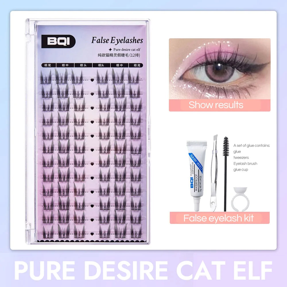Cat Eye Individual Lashes Ultra-Large Wispy Thin Band Individual Cluster Lashes Kit for Self Application BQI Diy Lash Extensions