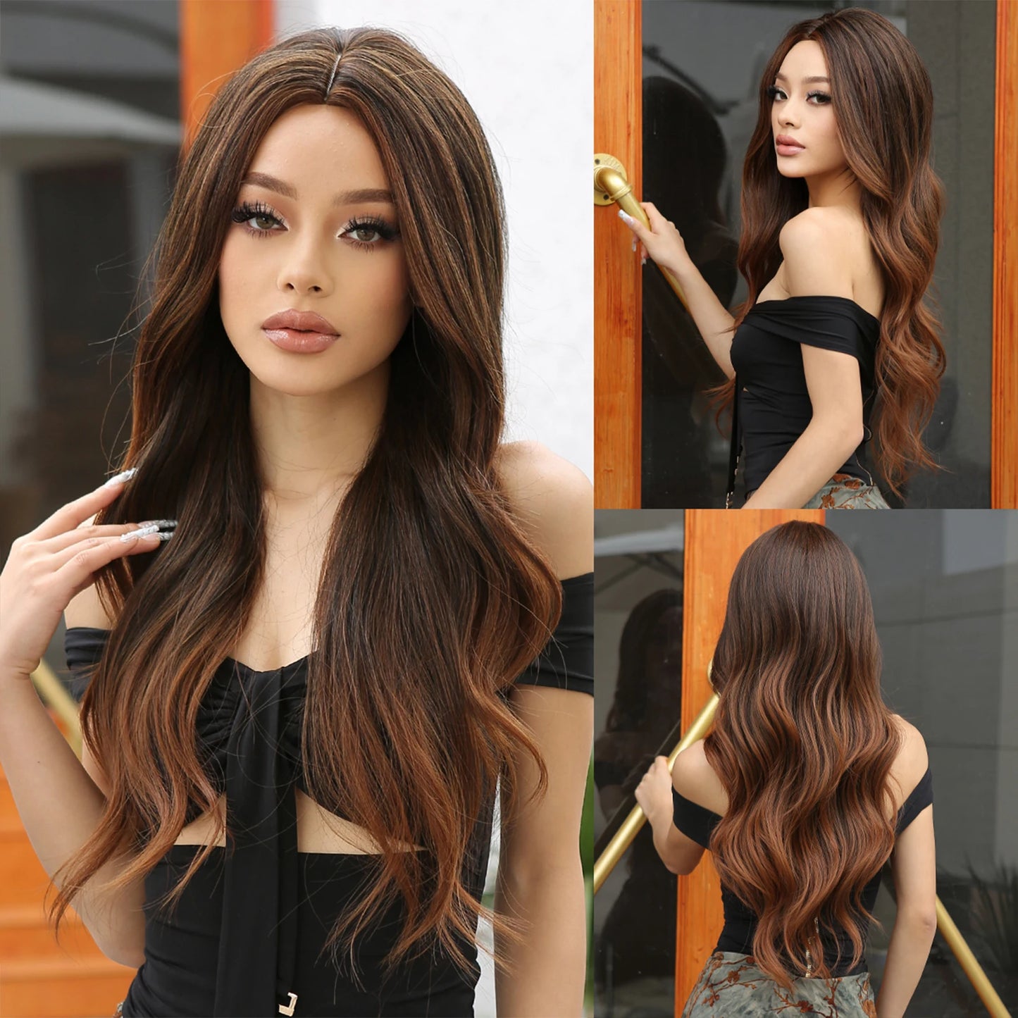 Long Curly Wavy Brown Wigs Highlights Brown Hair Synthetic Wigs For Women Daily Middle Part Natural Looking Wig High Temperature