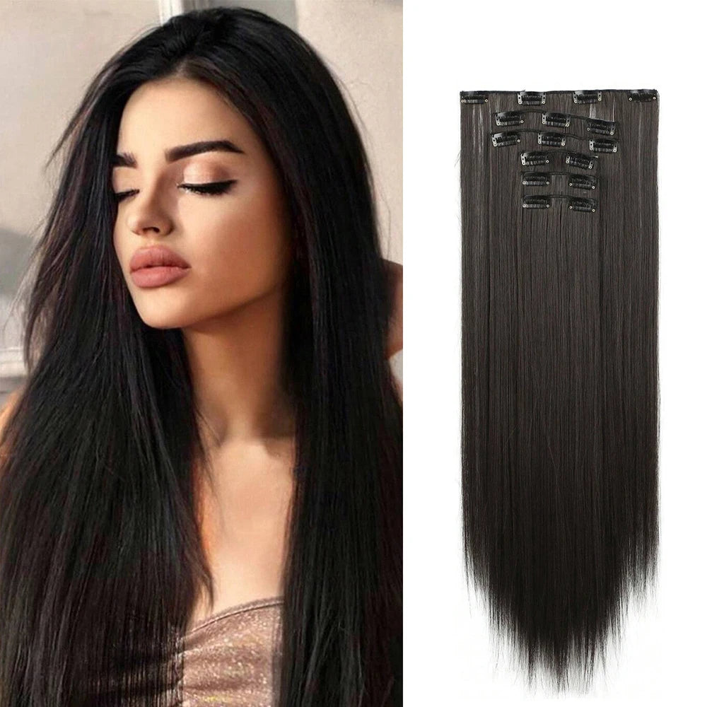 Synthetic Black Hair Extensions 24"/60cm 140g 6pcs/set Women Long Straight Full Head Clip 16 Clips Ombre Heat Resistant Fiber
