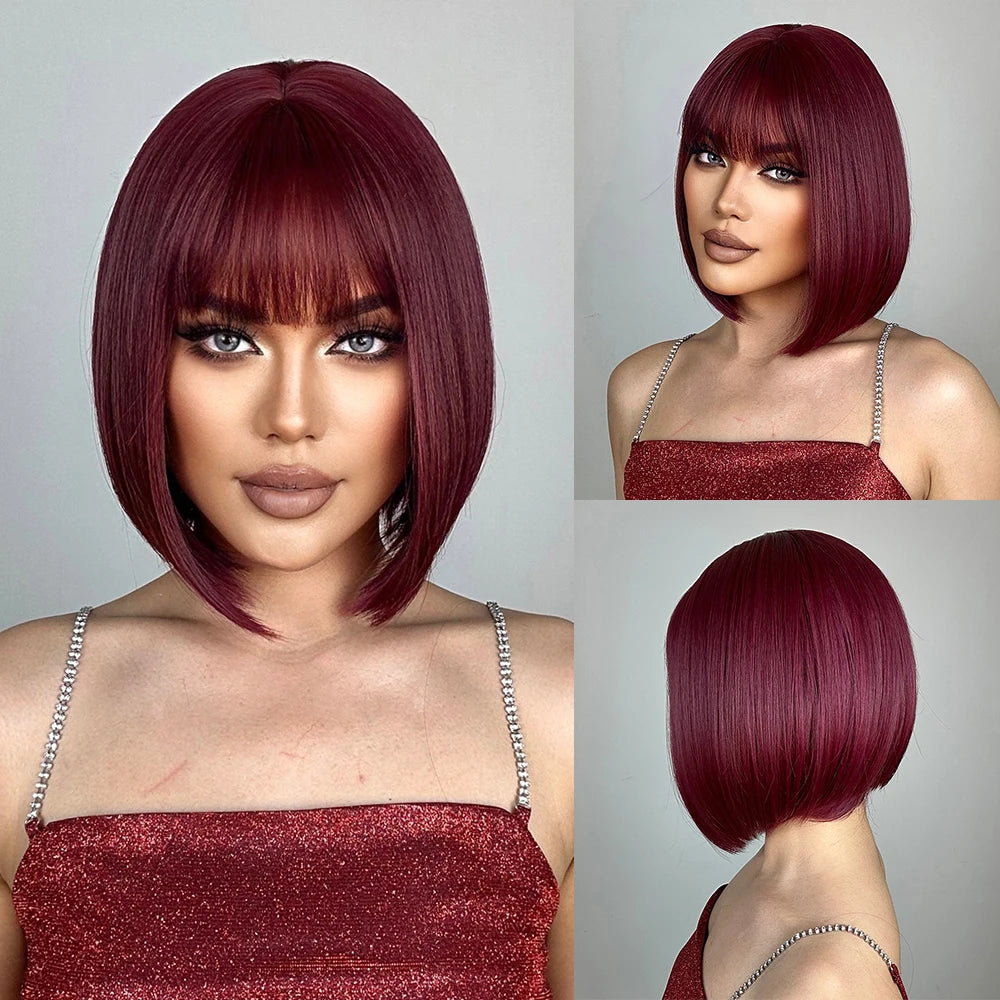 Short Straight Bob Synthetic Wigs Pink Natural Hair Wig with Bangs for Women Cosplay Cute Wig Heat Resistant Fiber