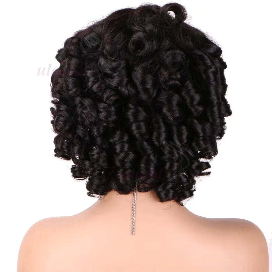 Bouncy Curly Human Hair Wig With Bangs Pixie Cut Bob Wigs Romance Curl Human Hair Wig Full Machine Made Scalp Wig For Women Wig