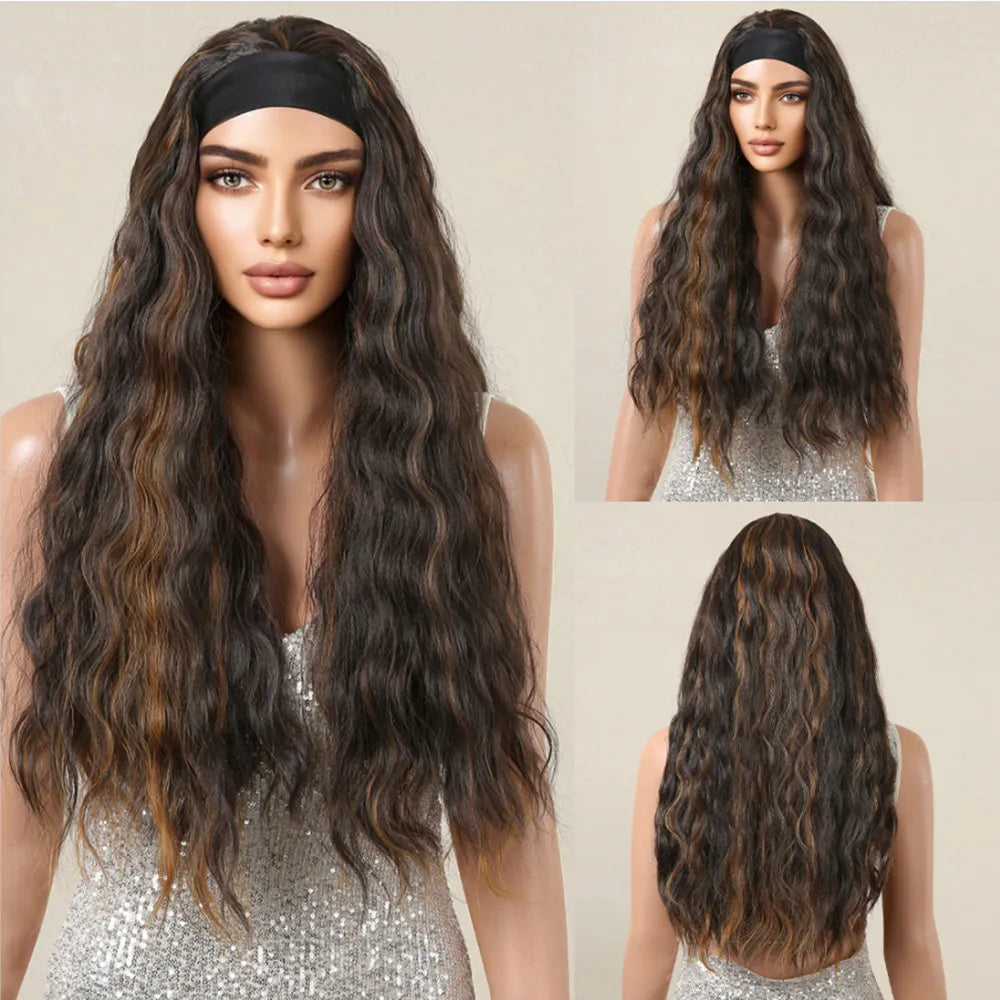 Long Curly Headband Synthetic Wigs Natural Ash Blonde Long Women's Headband Wig Body Wave Bohemian Hair Wig For Women Daily Use
