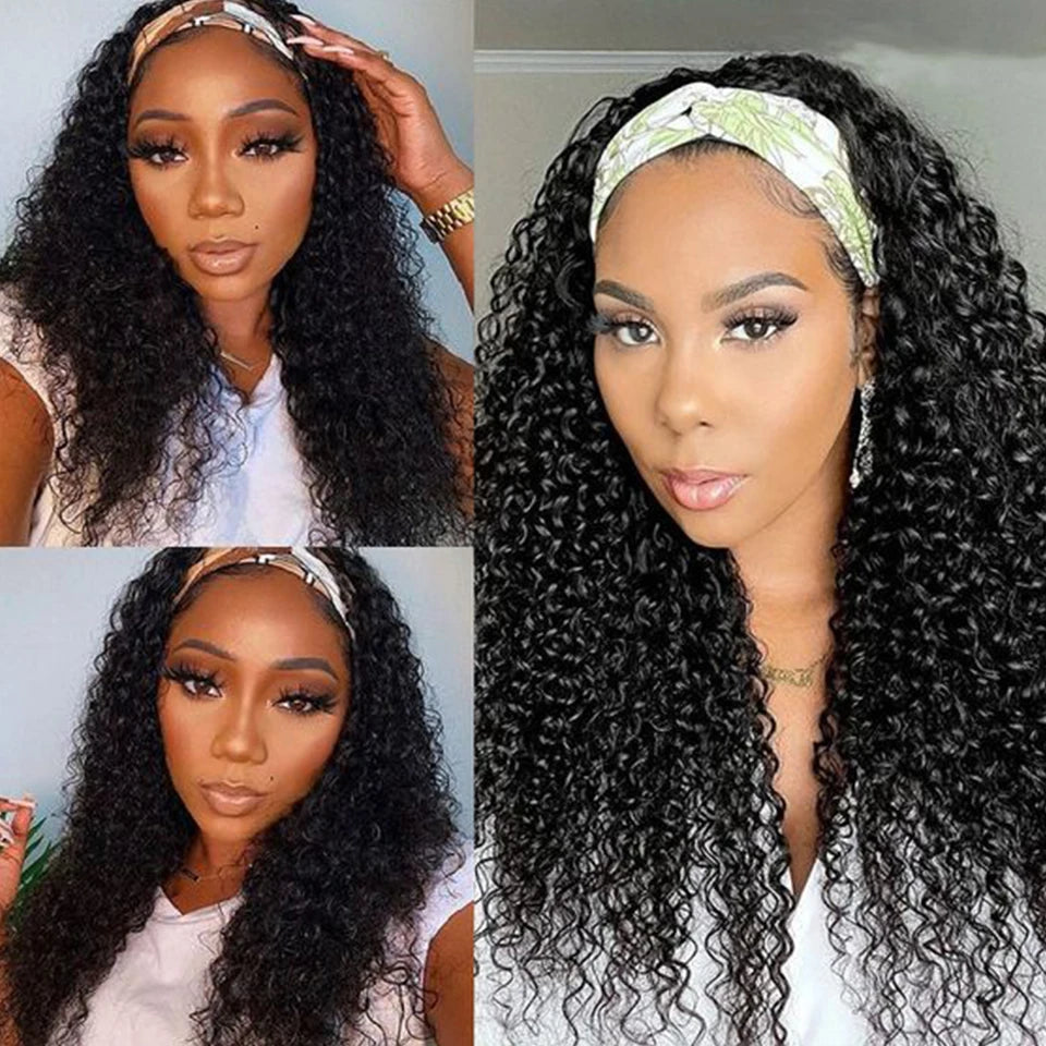 Malaysia Kinky Curly Human Hair Headband Wig For Black Women 180% Density Glueless Remy Jerry Curl Full Machine Made Hair