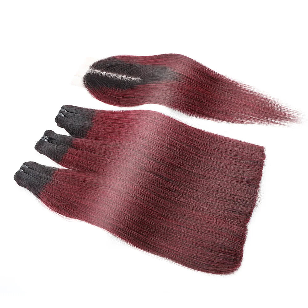 Bone Straight Vietnam Raw Human Hair 3 Bundles with Closure 12a Super Double Drawn Bundles 2x6 Lace Kim K Brown OT1B99j Burgundy