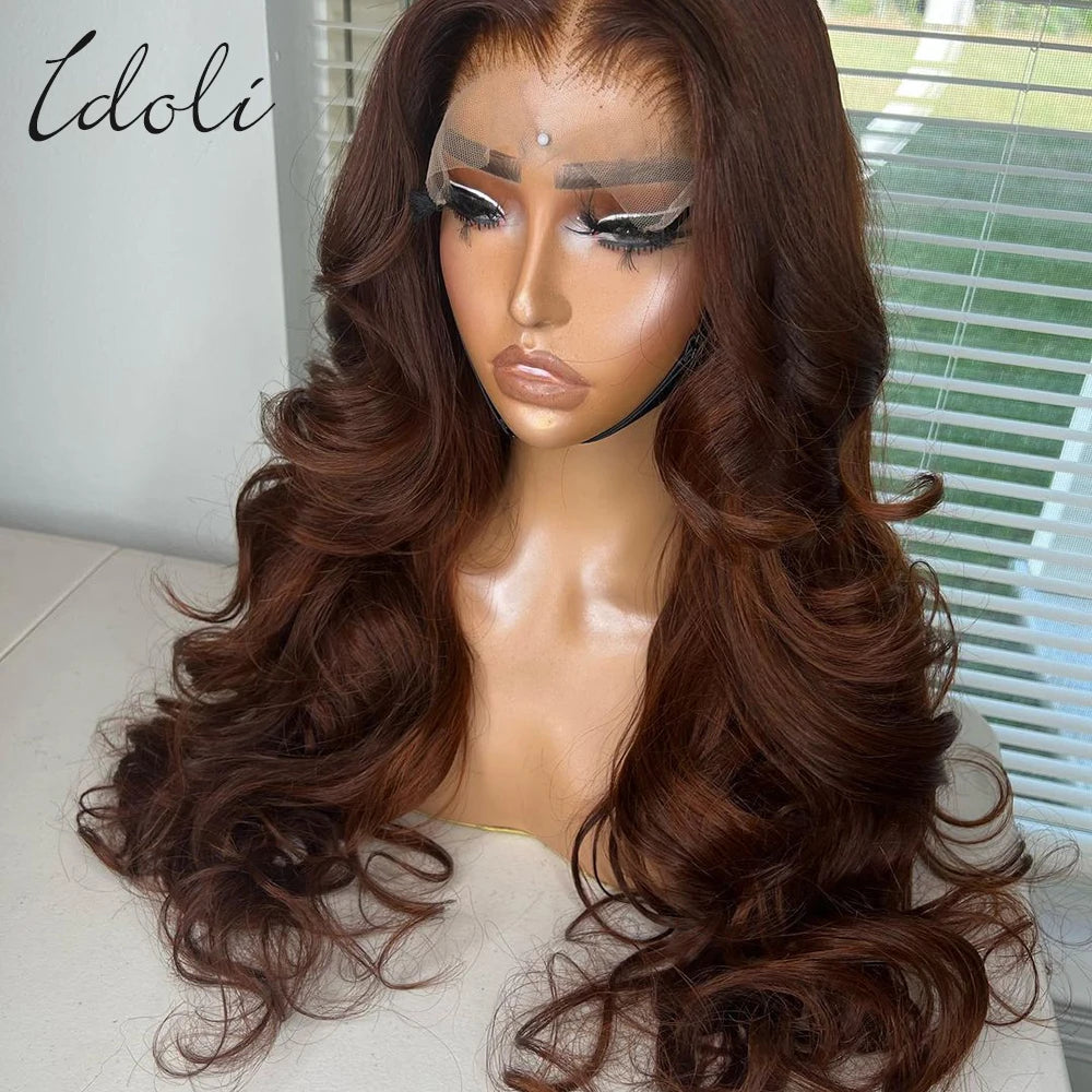 13x6 Chocolate Brown Body Wave Lace Front Wig Transparent Lace Frontal Wig Human Hair Preplucked Colored Human Hair Wigs 180%