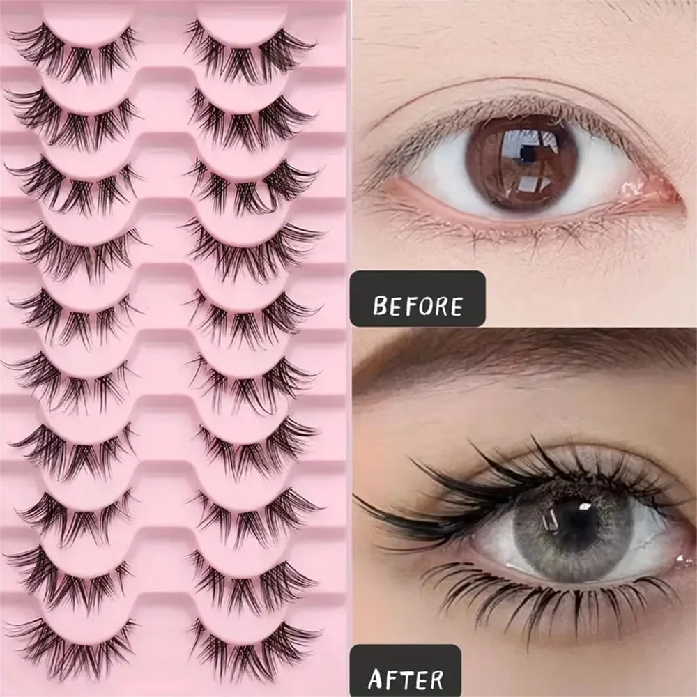 10 pairs Wispy Cluster Lashes for Natural Cat Eye Look - Short Anime Korean Makeup False Eyelashes