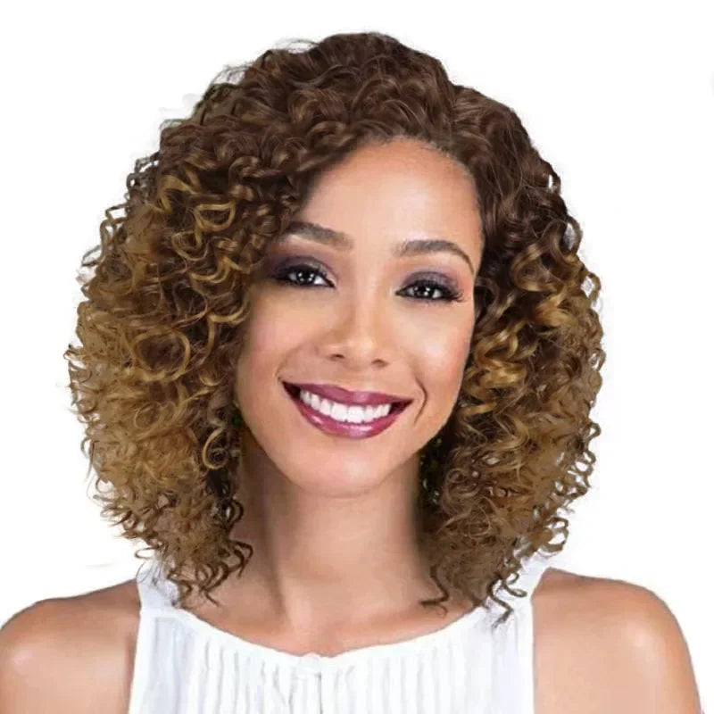 Synthetic Afro Black Curly Wigs for Women Wave African American Wig with Side Bang Natural Hairstyles Full Hair Replacement Wigs