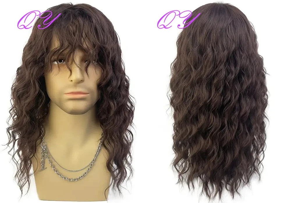 Synthetic Men Wig Natural Curly Dark Brown Color Male Wig With Bangs Water Wave Daily or Cosplay Adjustable Man Hair Wig
