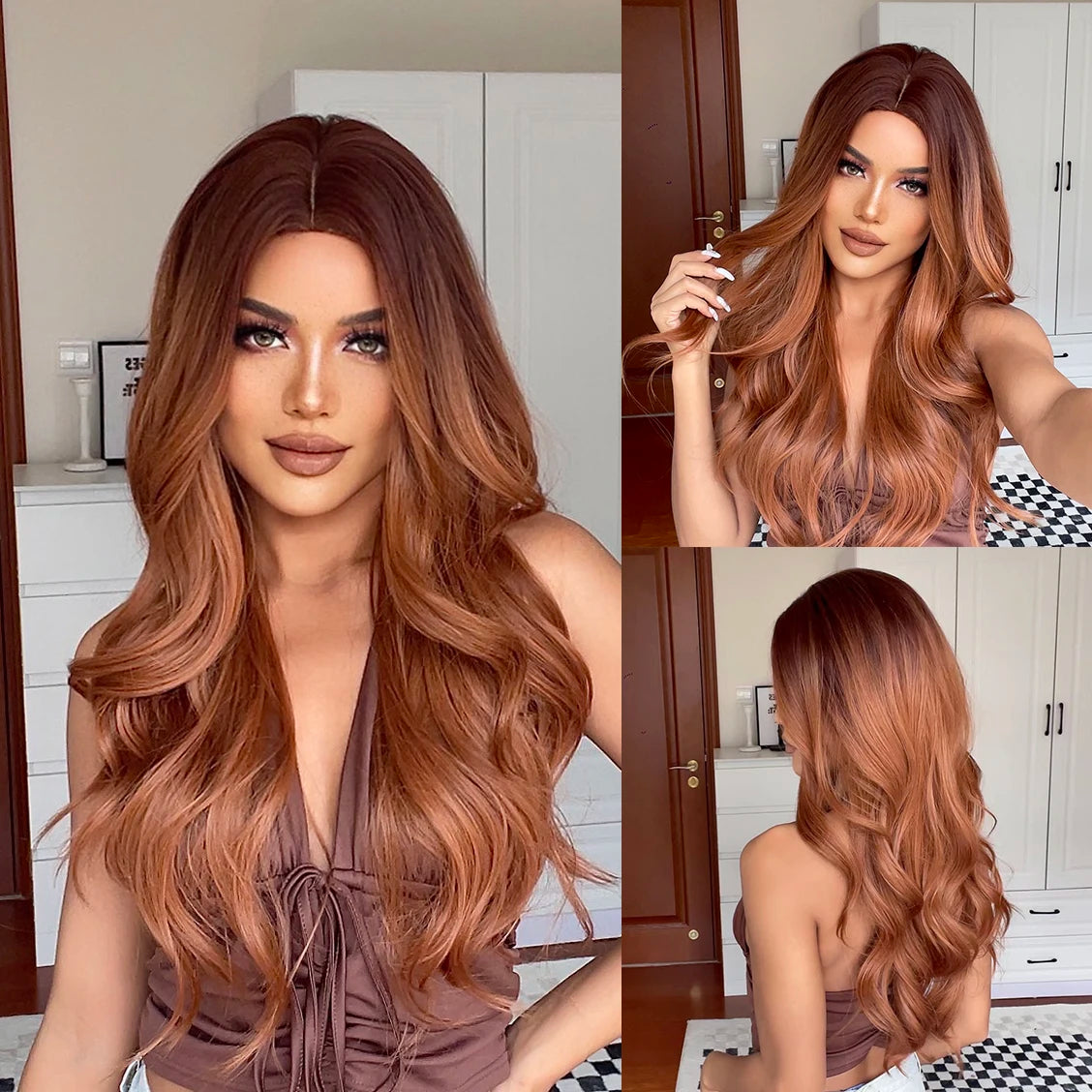 Long Wavy Synthetic Wigs for Women Red Brown Curly Fake Hair Wigs With Bangs Daily Use Party Heat Resistant Wavy Hair Wig