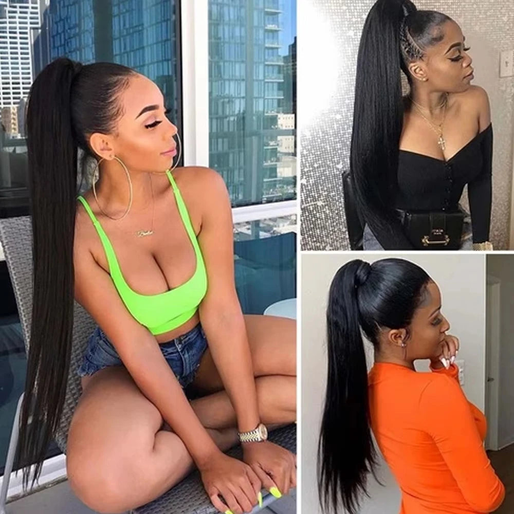 Ponytail Human Hair Extensions With Clip In Drawstring Ponytail Straight Body Wave Brazilian Pony Tail For Women Queen Hair
