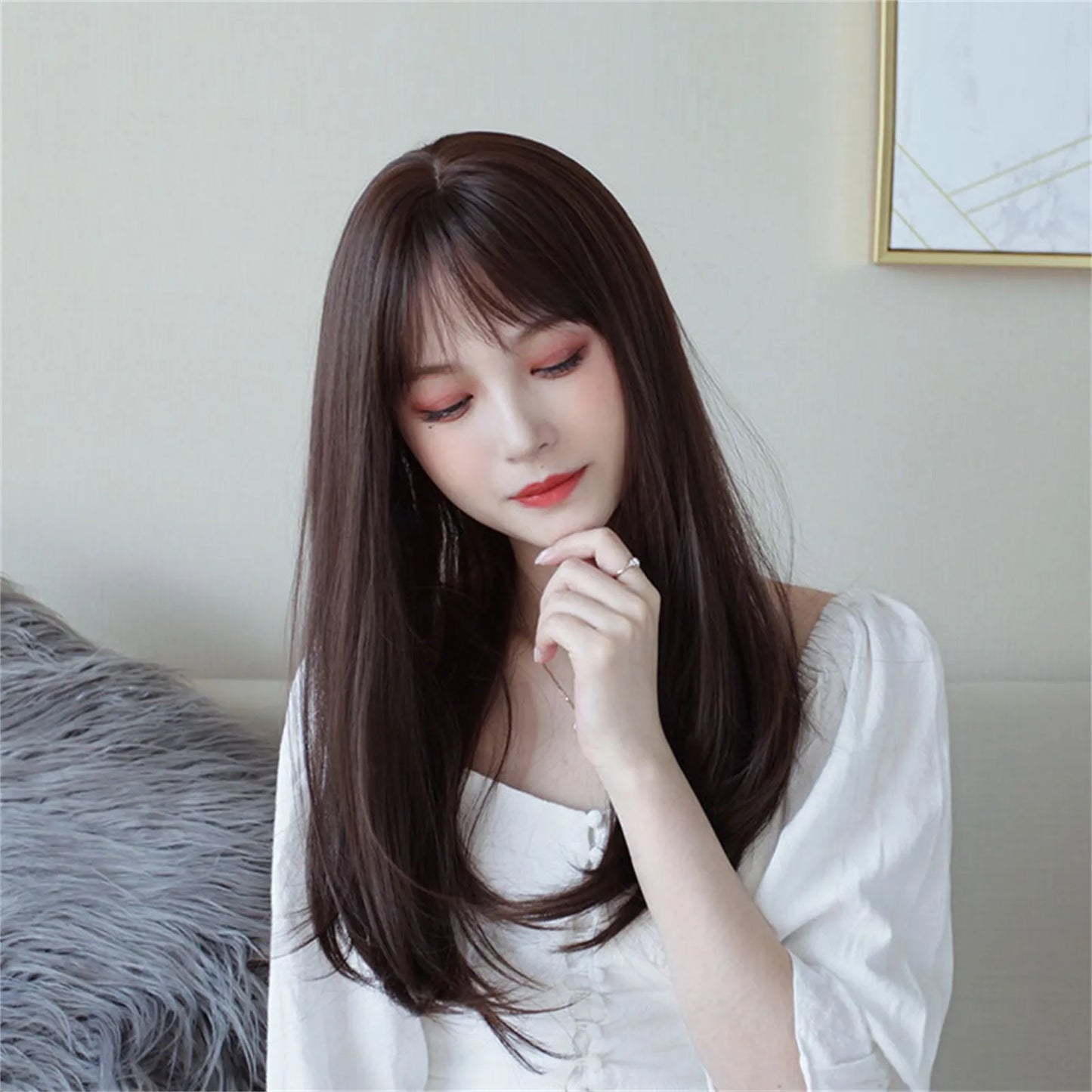 Long Straight Synthetic Wig with Bangs Dark Black Hair Wigs for Women Cosplay Natural Hair Wigs Party Heat Resistant