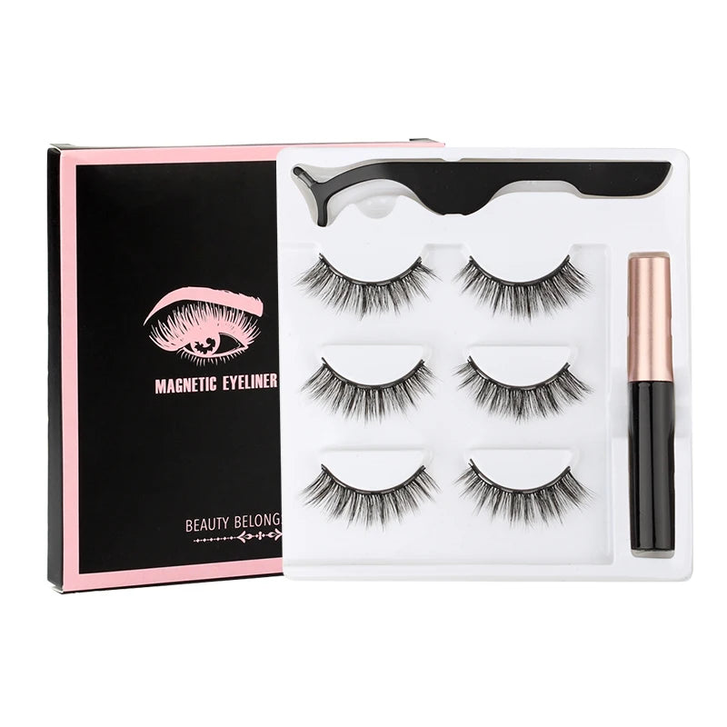 Magnetic Eyelashes Set 1/2/3 Pairs Natural Long False Eyelashes Soft Mink Lashes Waterproof Liquid Eyeliner Tweezer Makeup Tools