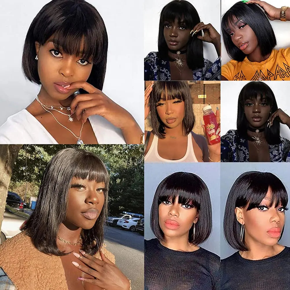 Human Hair Wigs Bob Wigs with Bangs Short Straight Hair Wigs 100% Brazilian Remy Human Hair Machine Made Wigs