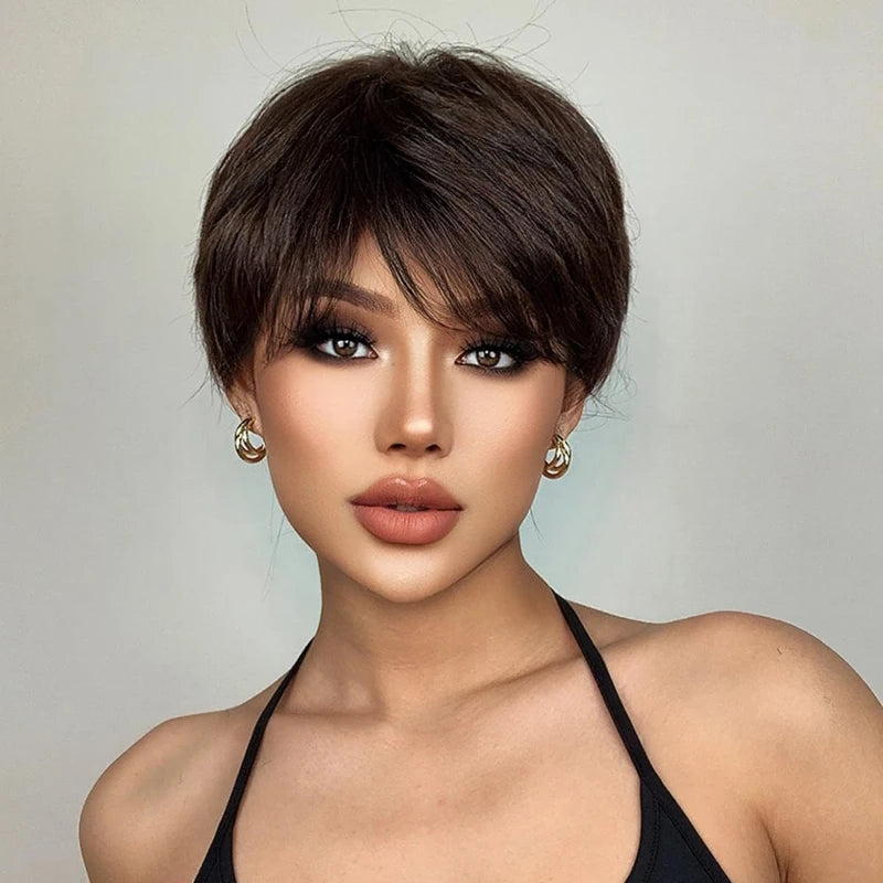 Fashion Short Straight with Bang Dark Brown Pixie Cut Wig for Women Hair Synthetic Heat Resistance Natural Looking for Daily Use