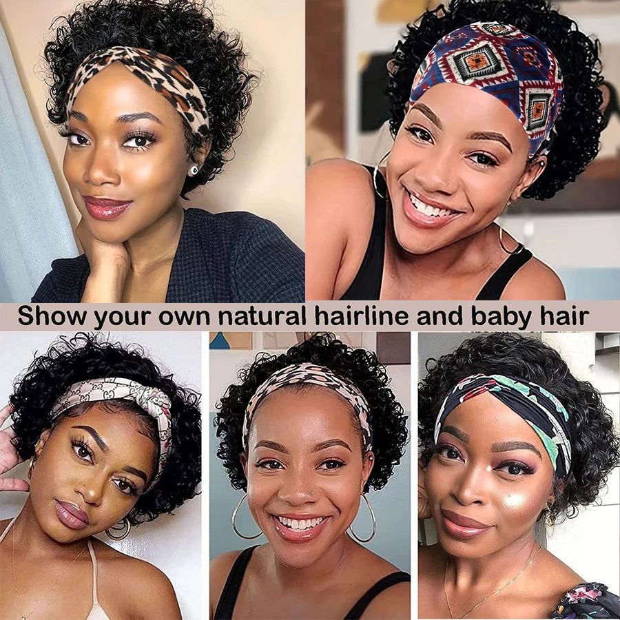 Headband Wig Human Hair Short Pixie Wigs for Women Headband Half Wig Human Hair Machine Made Wigs