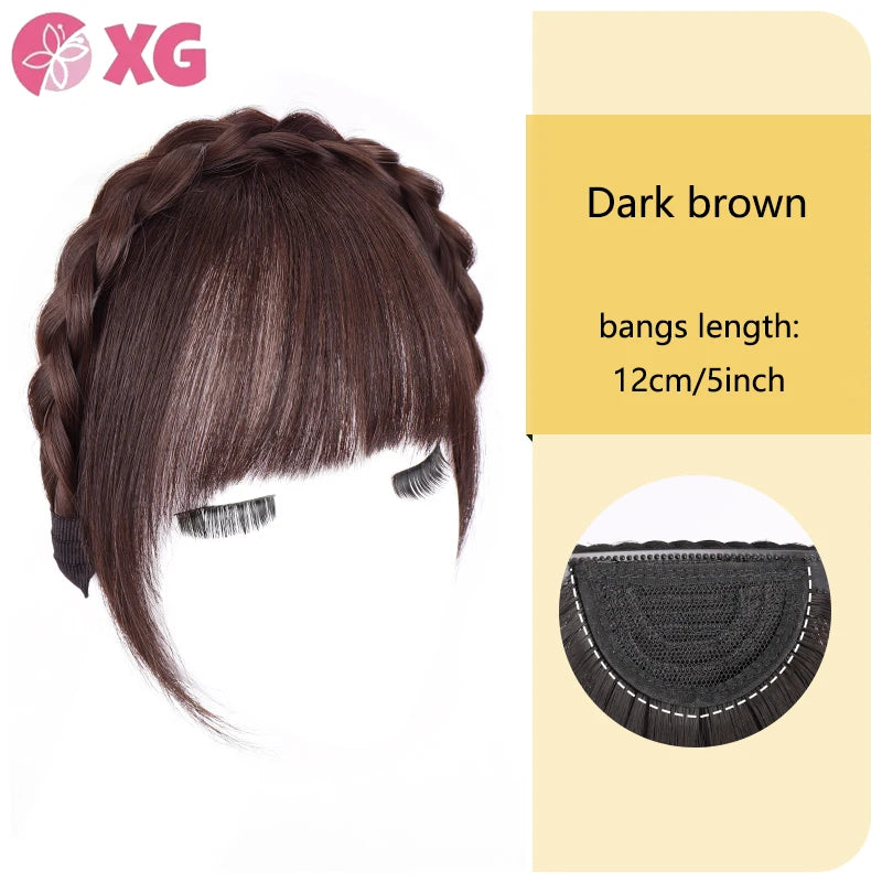 A Headband with Three-Strand Braids And a Twisted Braid Along with a 4-Inch Black And Brown Wig with Bangs
