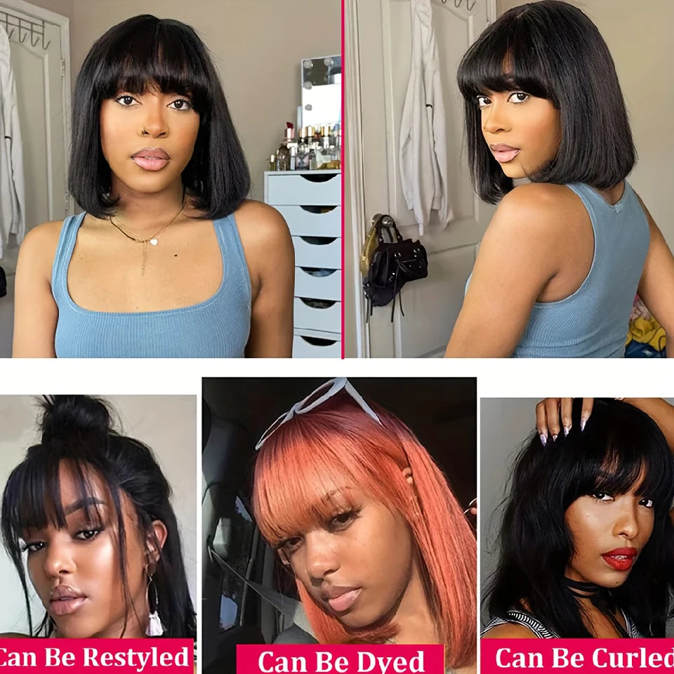 Straight Short Bob Wig With Bangs Vietnamese 100% Human Hair Double Drawn Bob Wigs Glueless Straight Wigs On Sale Clearance 180%