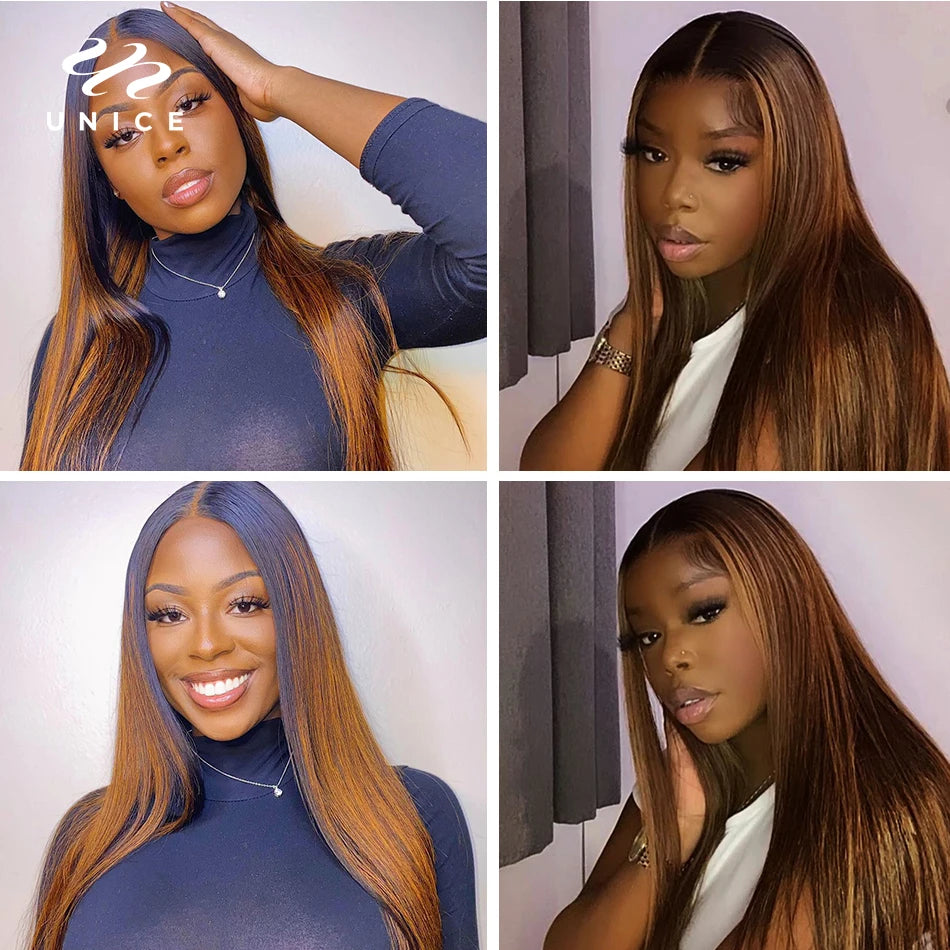UNICE Brown Balayage Straight Human Hair Bundles with Closure 2/3/4 PCS Hair Bundles With 4x4 Lace Closure Make 250% Denstiy Wig