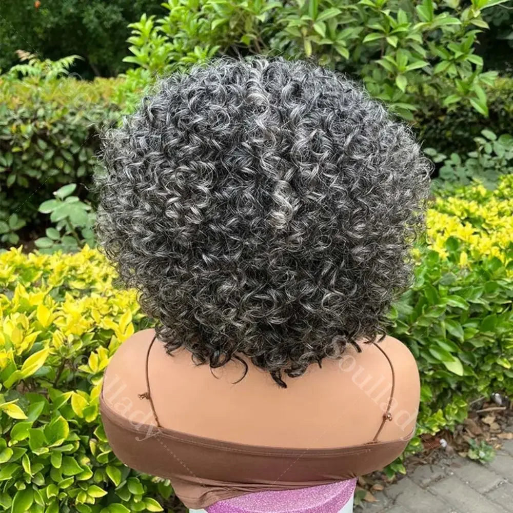 Dark Gray Curly Bob Wig With Bangs Glueless Wear & Go Salt And Pepper Wigs Short Kinky Curl Human Hair Wigs For Elegant Mom