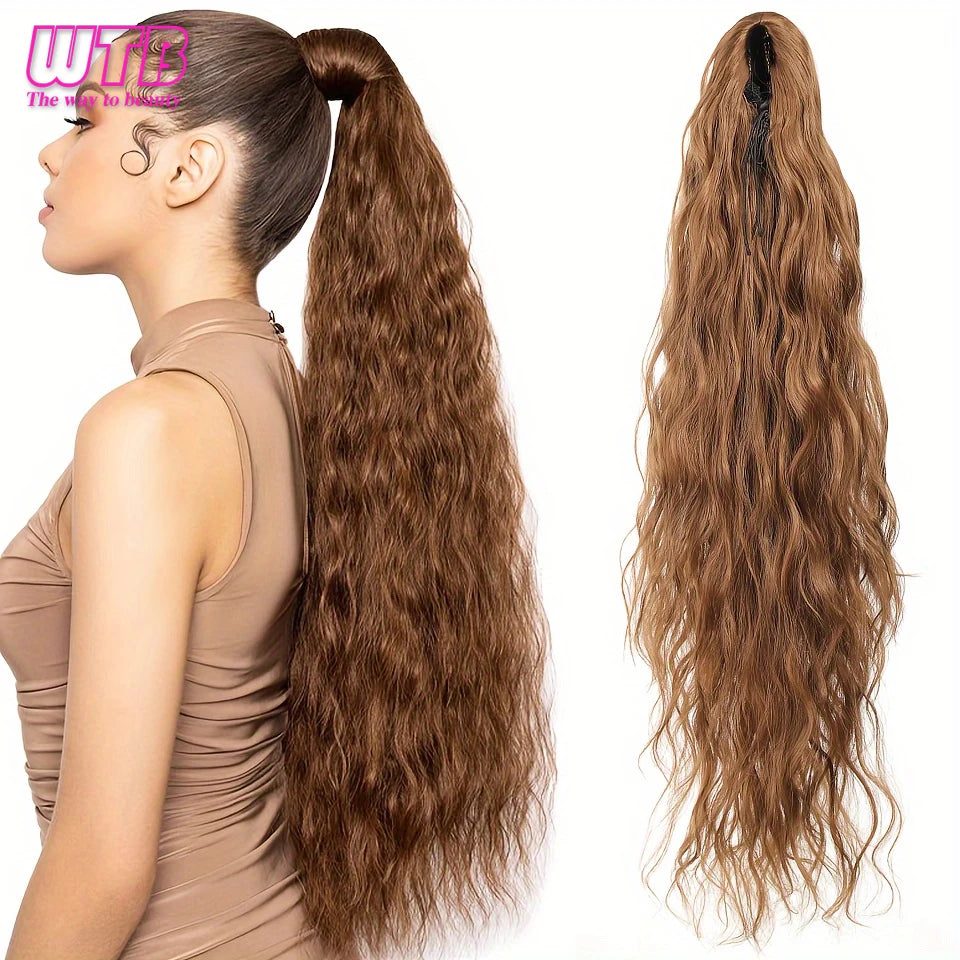 Synthetic Ponytail Extension 26 Inch Extra Long Drawstring Wavy Curly Ponytails Black Brown Fake Hair piece for Women