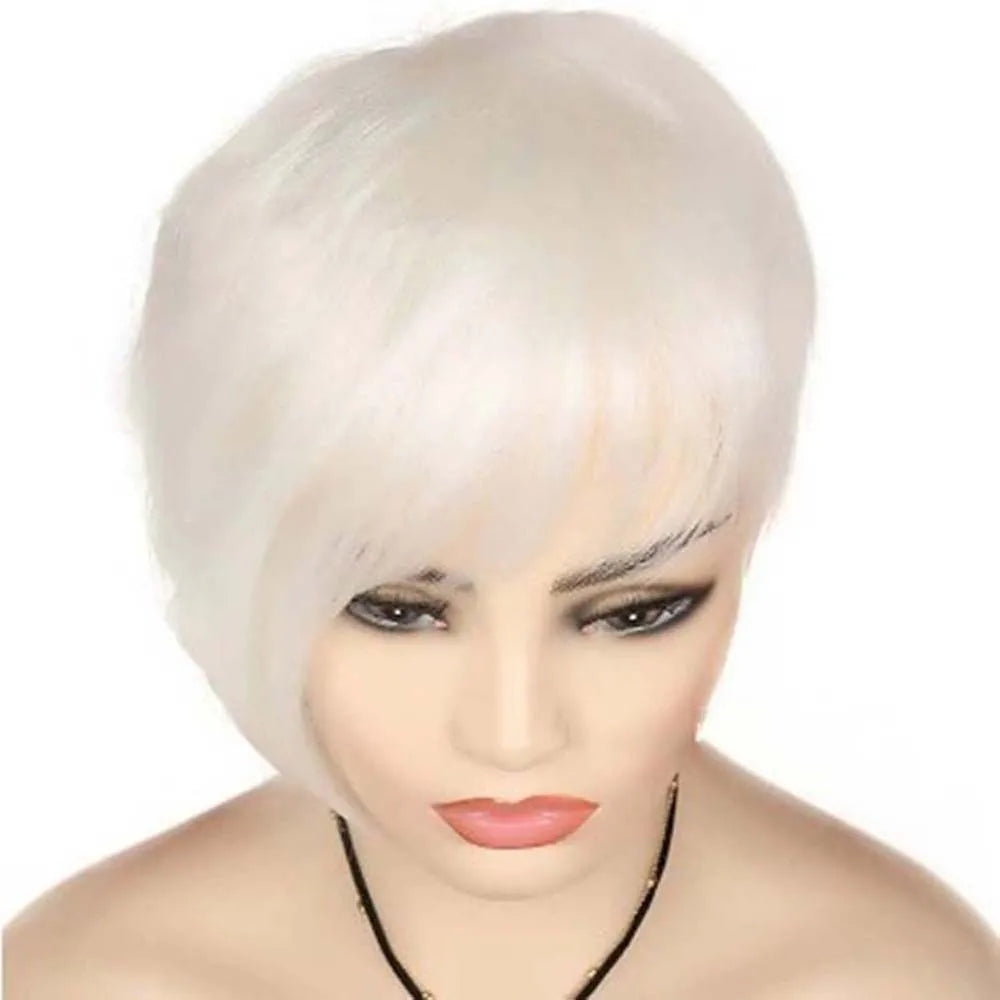 Synthetic Women Short Straight White Wig with Bangs Pixie Cut Hair Wigs Heat Resistant Cosplay Halloween Party Costume