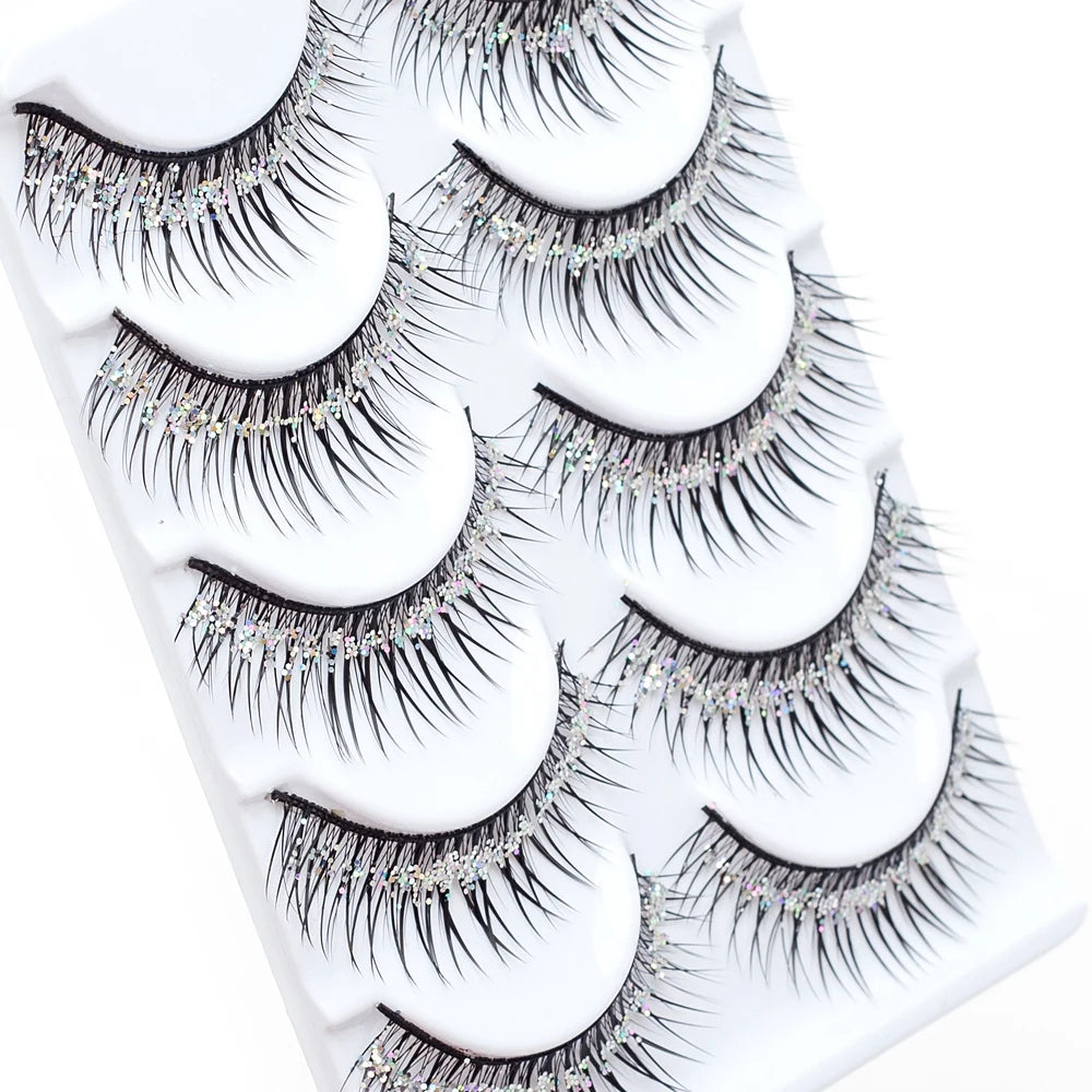 5 Pairs Makeup Stage False Eyelashes With Glitter Black Band Handmade Thick Fake Eye Lashes Beauty Performace Manga Latin Lashes