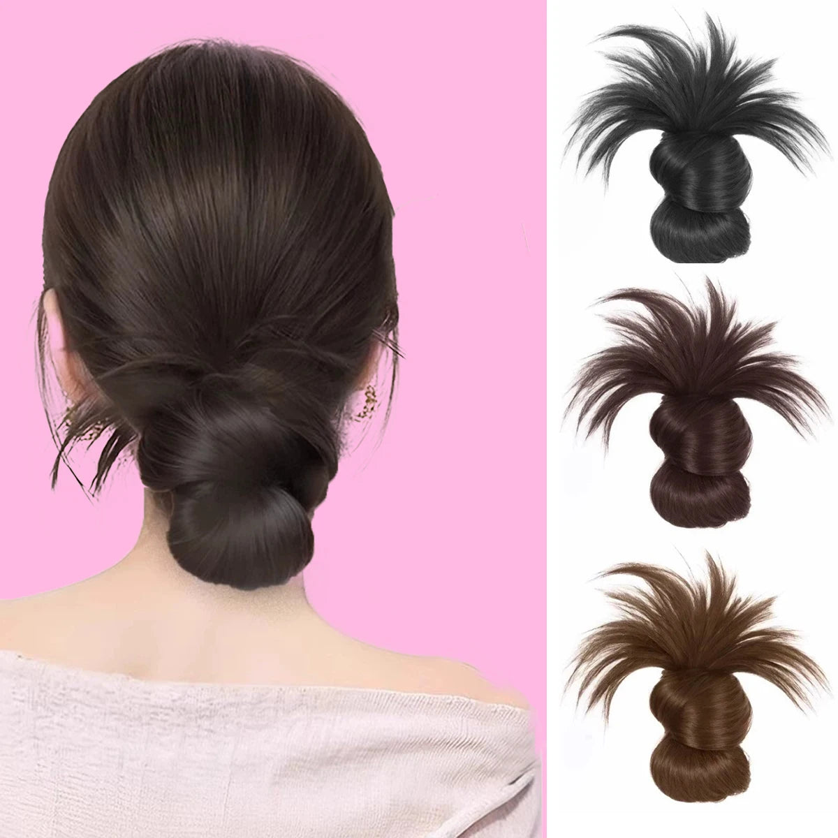 Synthetic grab clip meatball head wig natural feather woman ponytail wig bun brown black hair pan hair device