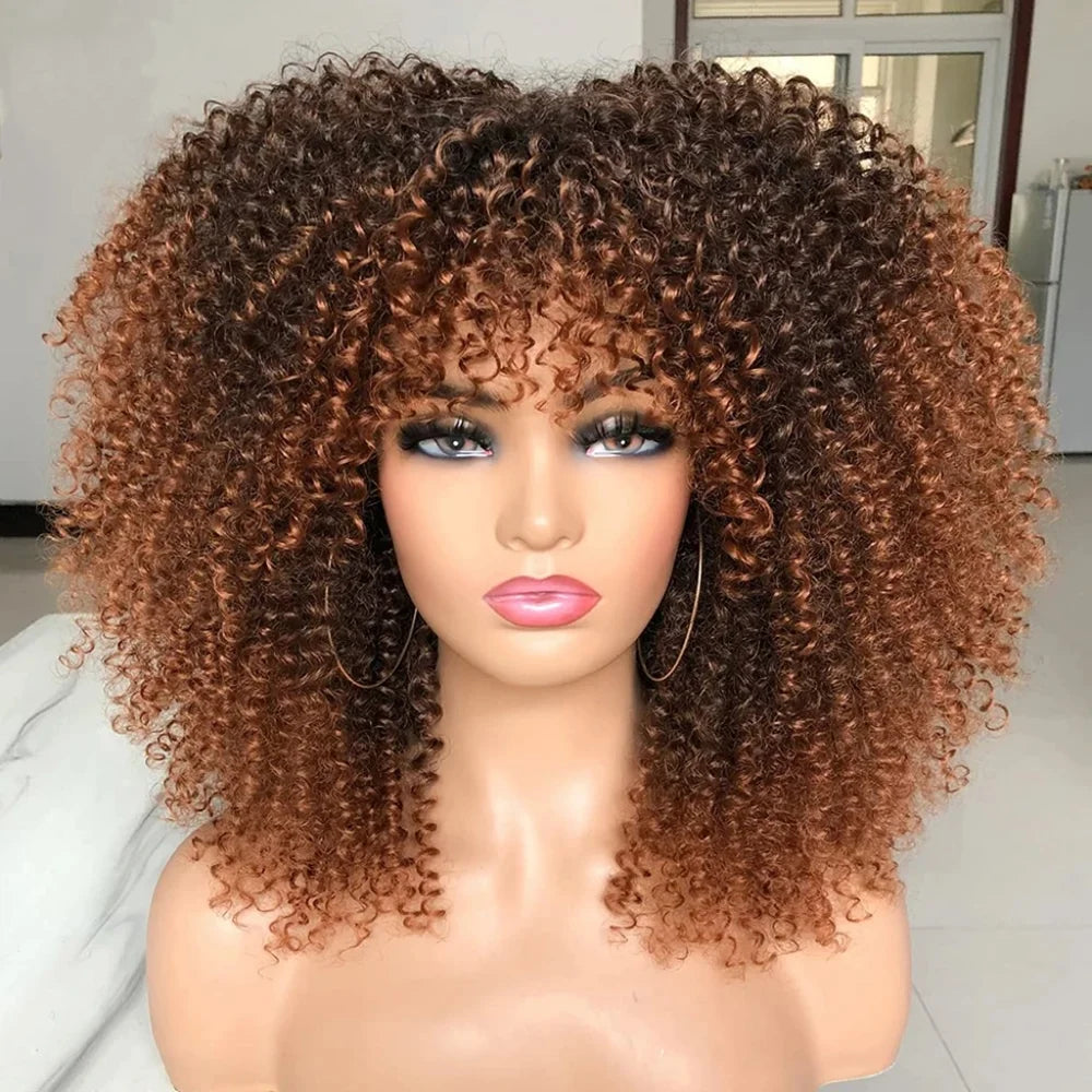 Afro Curly Wigs for Black Women Kinky Curly Wig with Bangs Short Curly Bob 16 Inch Black Brown Natural Looking Synthetic Hair