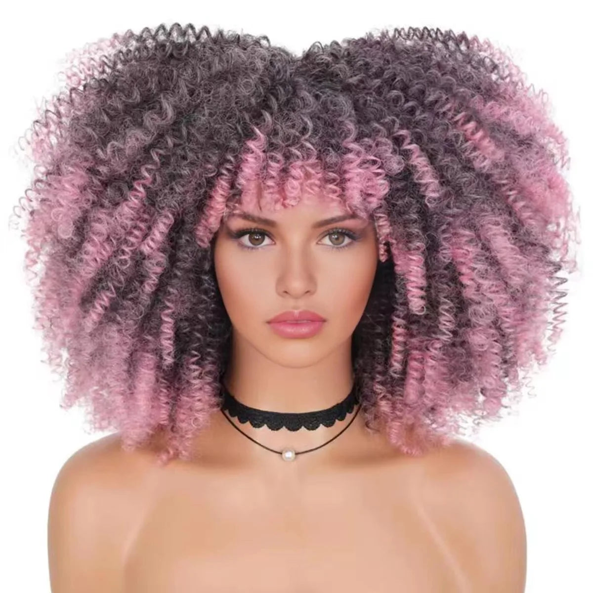 Short Afro Kinky Curly Wig With Bangs For Black Women Synthetic Ombre Glueless Colorful Wig Cosplay Party Halloween Wigs