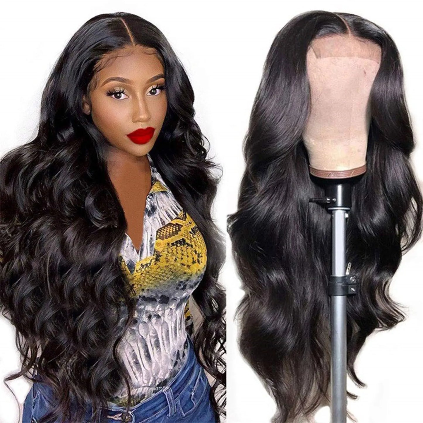 Premium Natural Black Wavy Synthetic Wig for Women Middle Part Curly Natural Looking 22 Inch Long Full Volume