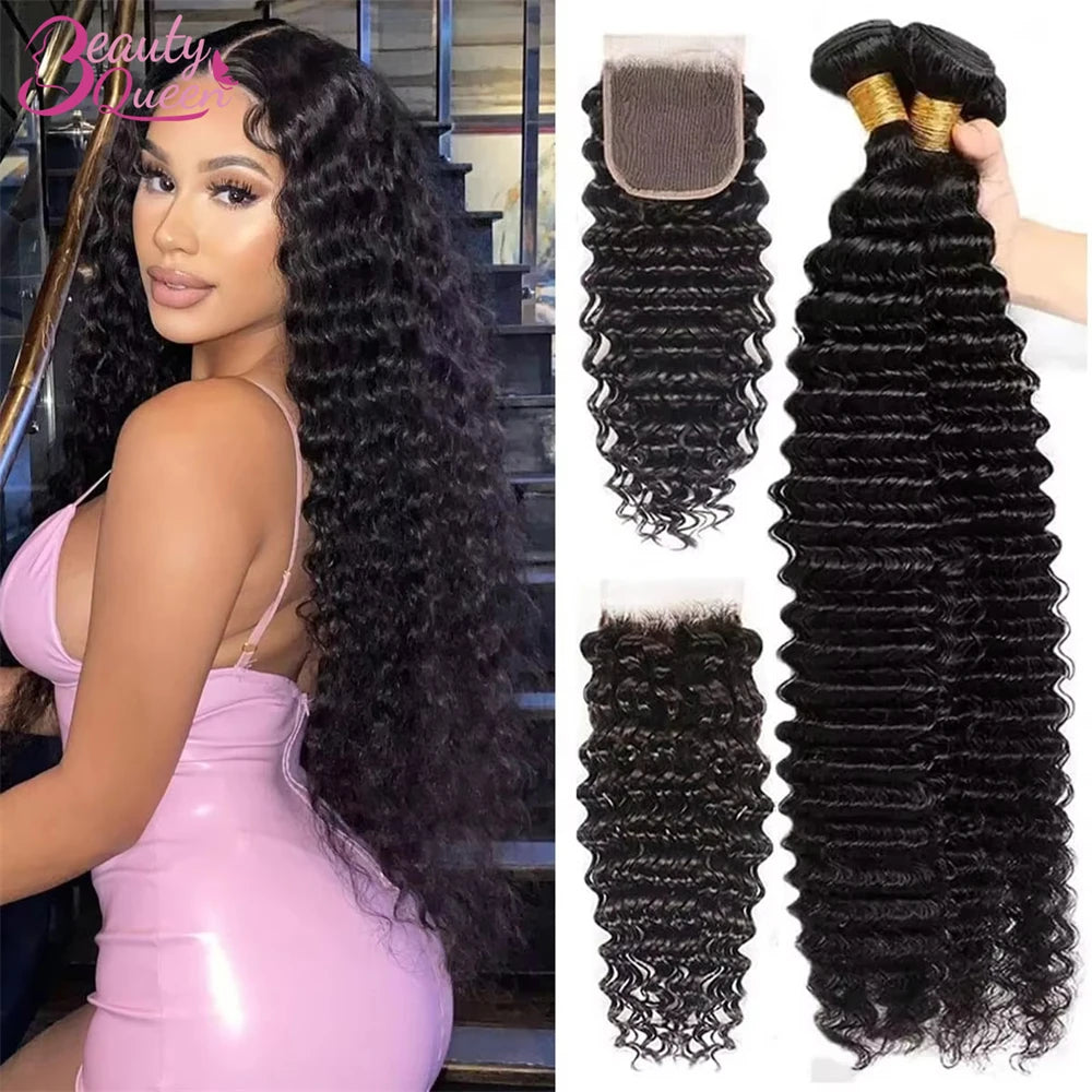 Deep Wave Bundles With Closure 4x4 Wet and Wavy Virgin Curly Water Wave 100% Human Hair Bundle And Frontal 13x4 Hair Extensions