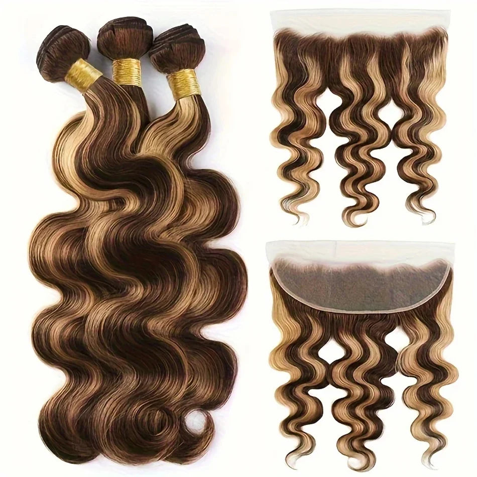 Highlight Body Wave Bundles With Frontal Honey Blonde P4/27 Body Wave Hair Bundles Human Hair Extensions with 13x4 Lace Frontal