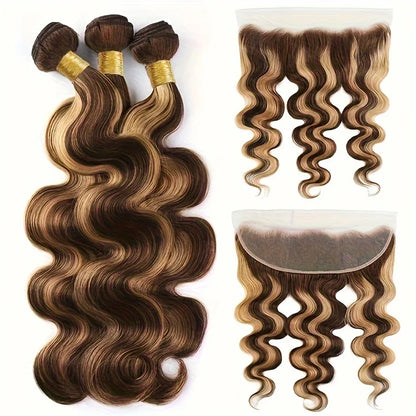 Highlight Body Wave Bundles With Frontal Honey Blonde P4/27 Body Wave Hair Bundles Human Hair Extensions with 13x4 Lace Frontal