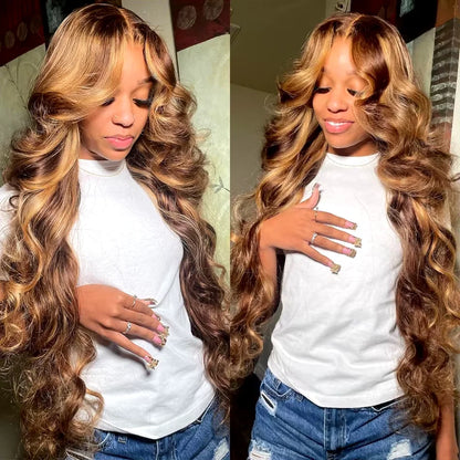 Highlight Body Wave Bundles With Frontal Honey Blonde P4/27 Body Wave Hair Bundles Human Hair Extensions with 13x4 Lace Frontal