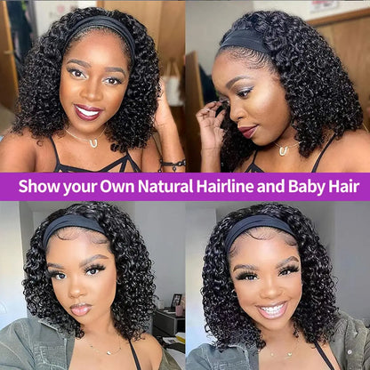 Headband Wig Human Hair Deep Wave None Lace Front Wig BOBO Human Hair Machine Made Wigs Headband Curly Human Hair Wigs for Women
