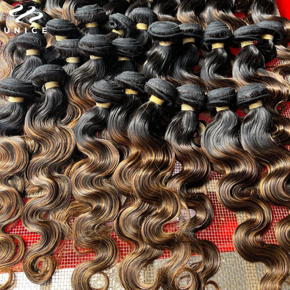 UNICE Hair Balayage Body Wave Human Hair Bundles 3PCS With 4x4 Lace Closure Highlight Bundles With Closure Make 250% Density Wig