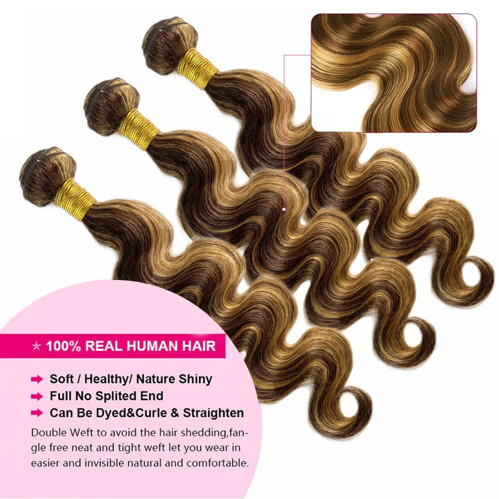 Honey Blonde Bundle With 13x4 Lace Frontal Body Wave Highlight 3 Bundles With Frontal Closure 4/27 Color Human Hair Extensions