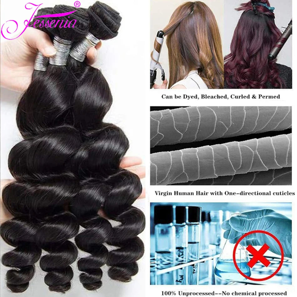 Malaysian Raw Virgin Hair Unprocessed Tissage Human Bundles HD Frontal Loose Wave Bundles With 4X4 Closure Natural Black Deep