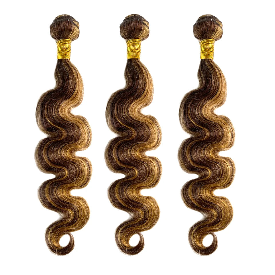 Highlight Body Wave Bundles With Frontal Honey Blonde P4/27 Body Wave Hair Bundles Human Hair Extensions with 13x4 Lace Frontal