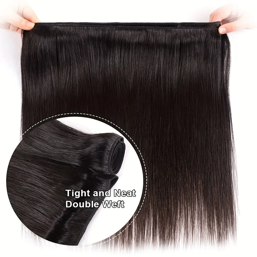 Straight Bundles Human Hair with Frontal Closure Brazilian 100% Human Hair Bundles with 13x4 Lace Frontal Virgin Weave 3 Bundles