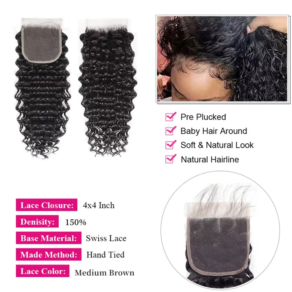 Deep Wave Bundles With Closure 4x4 Wet and Wavy Virgin Curly Water Wave 100% Human Hair Bundle And Frontal 13x4 Hair Extensions