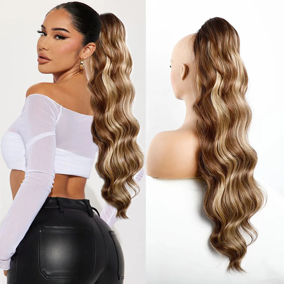 Ponytail Extension Body Wave Drawstring Ponytail Extension 28'' Long Wavy Synthetic Ponytail Hair Extension Clip in Hairpieces