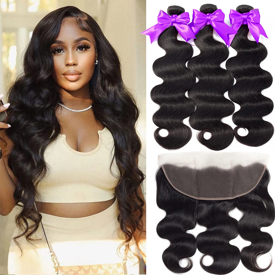 Body Wave Bundle With Frontal 13x4 HD Lace Peruvian 100% Human Hair Extension 3 Bundles With Closure Frontal Natural Color Hair